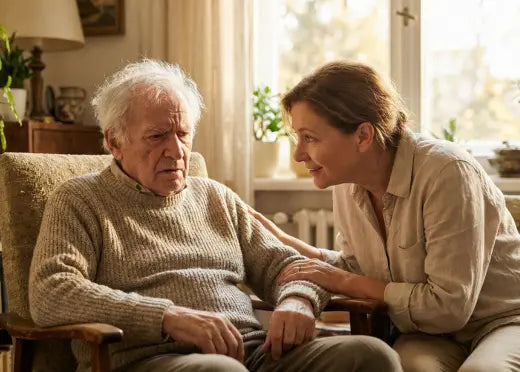 Fille aidante communiquant avec son père âgé malentendant atteint de troubles cognitifs