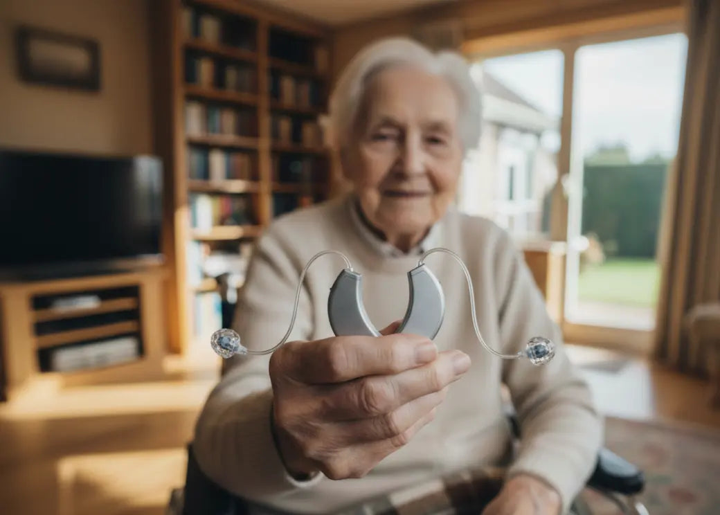 Une personne âgée n'arrive pas à mettre ses aides auditives