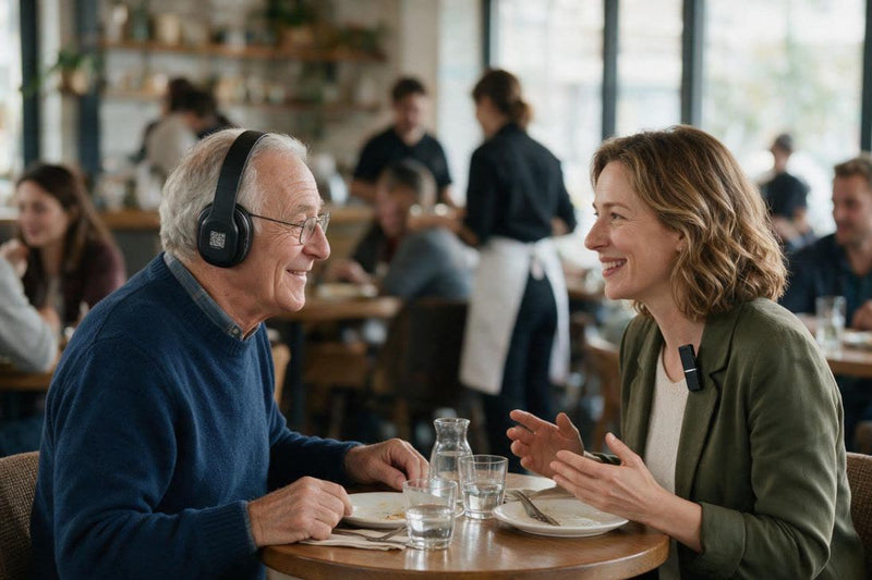 Image d'illustration : au restaurant, un père équipé du casque Spokeo discute avec sa fille, qui porte le micro clippé sur sa veste